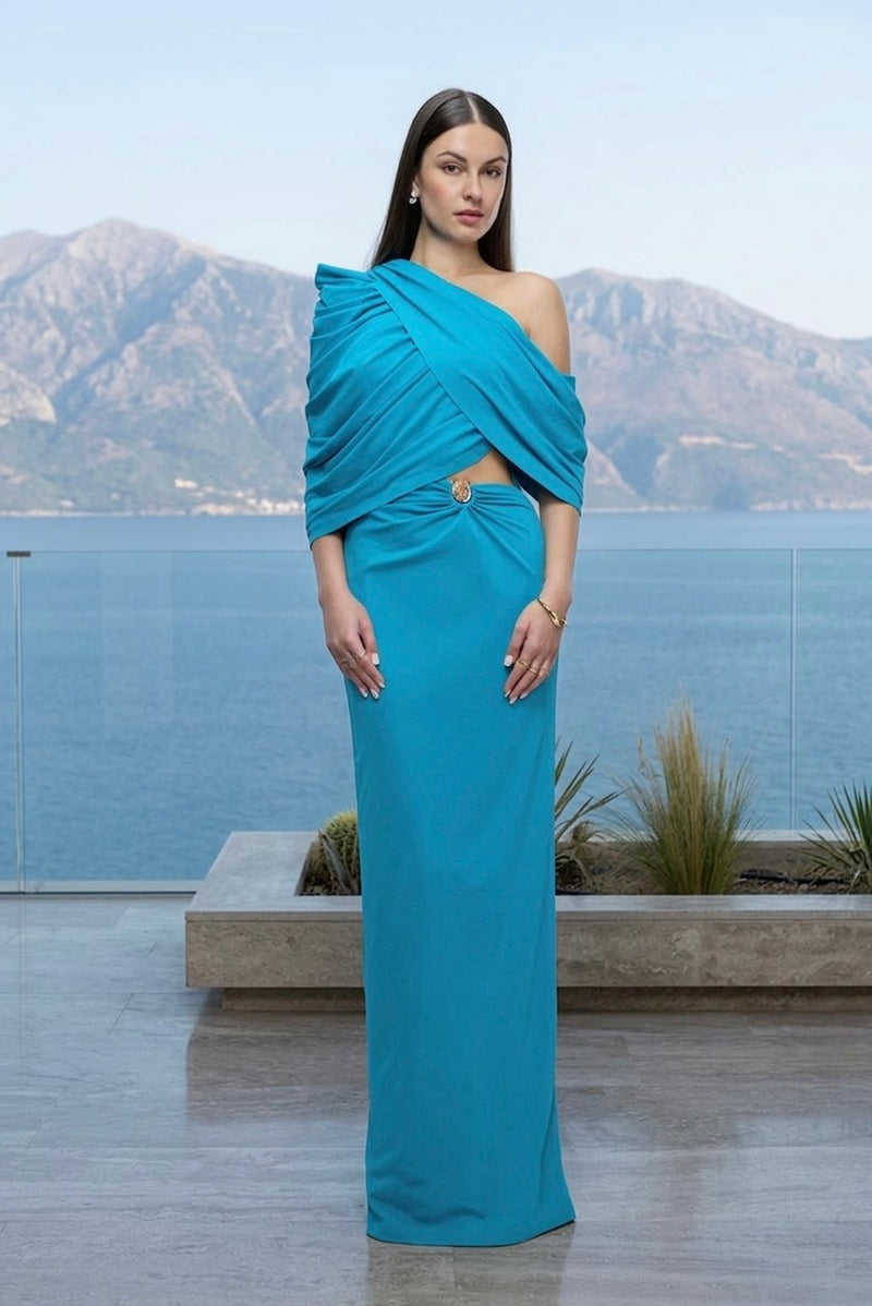 Turquoise one-shoulder draped maxi dress