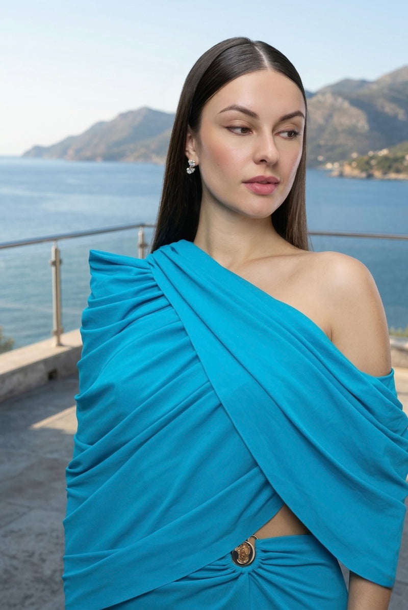 Turquoise one-shoulder draped maxi dress