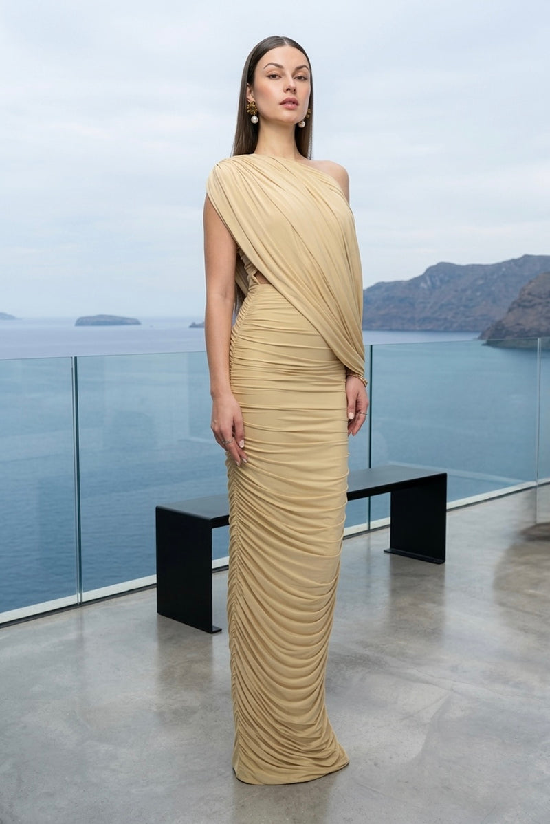 One-shoulder draped maxi dress in beige