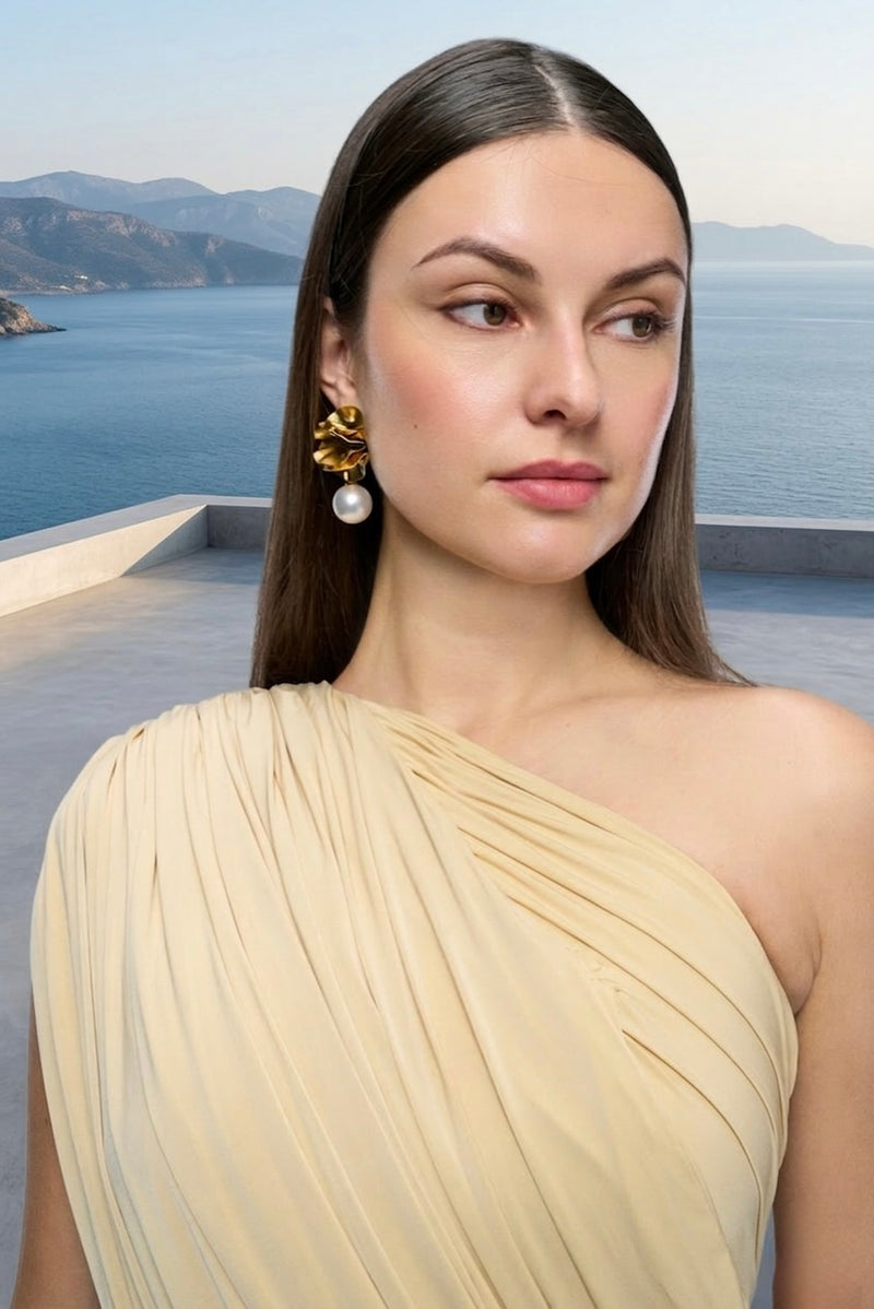 One-shoulder draped maxi dress in beige